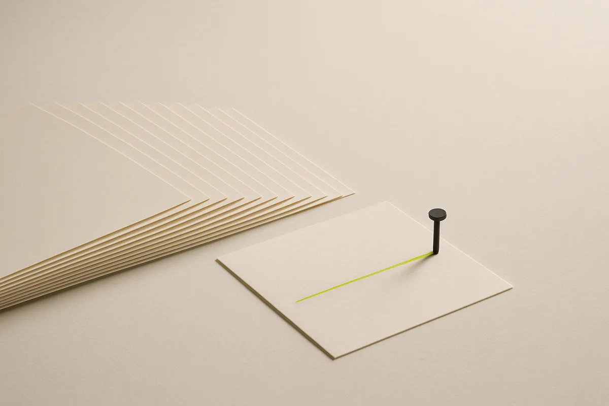 A wide fan of paper sheets on a sheet of paper, with one sheet drawn out in front of it and held flat by a small black pin, a single lime line running across that sheet.