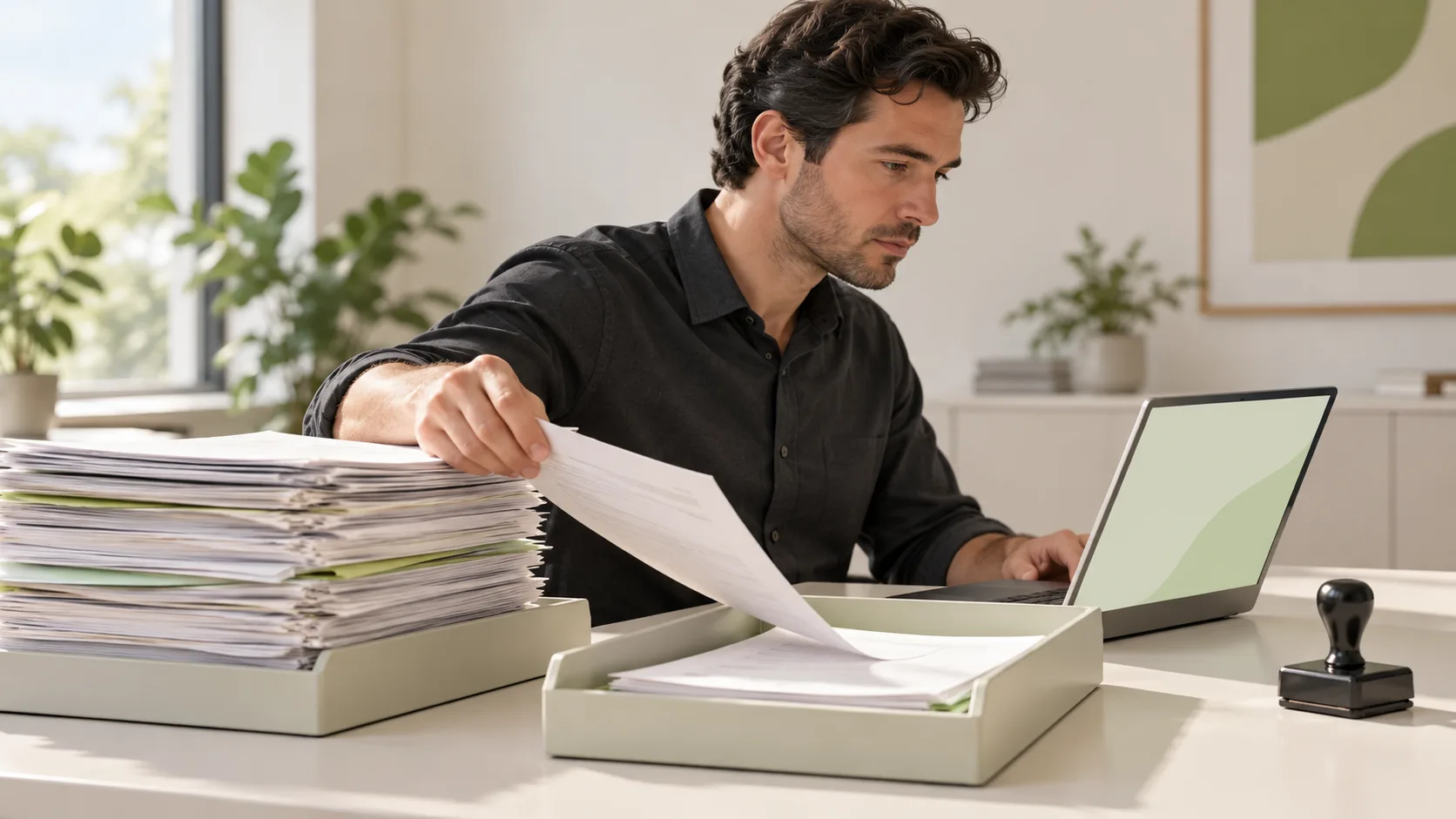 An office worker moves paperwork between trays beside a new laptop.