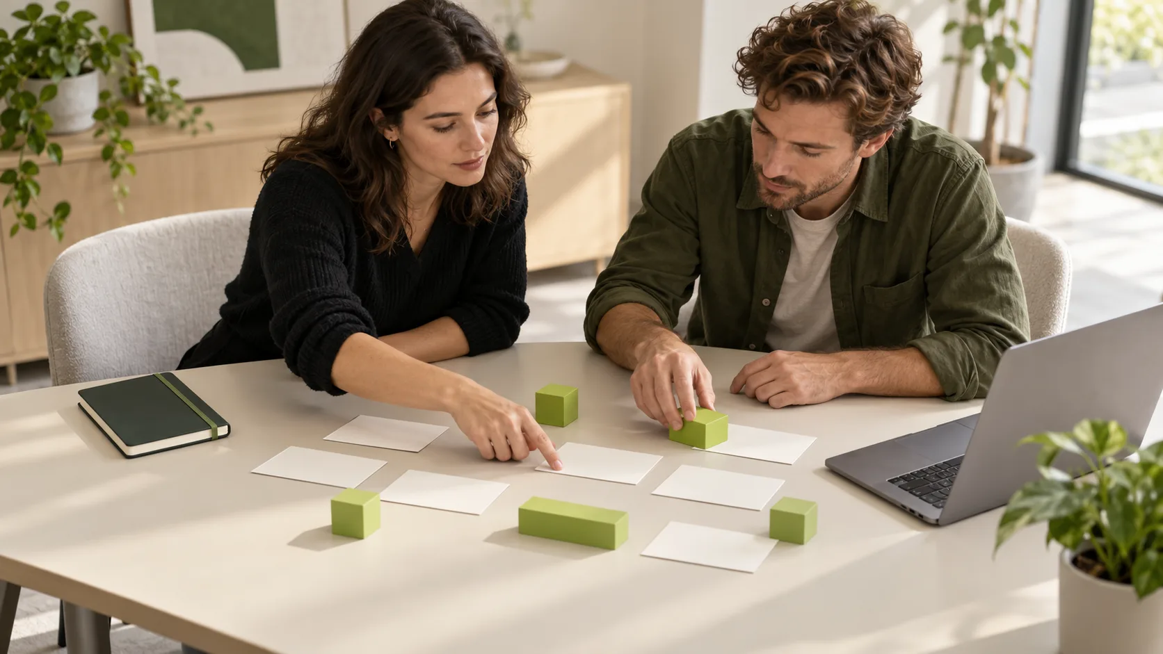 Two colleagues rearrange blank task cards and green blocks while discussing a workflow.