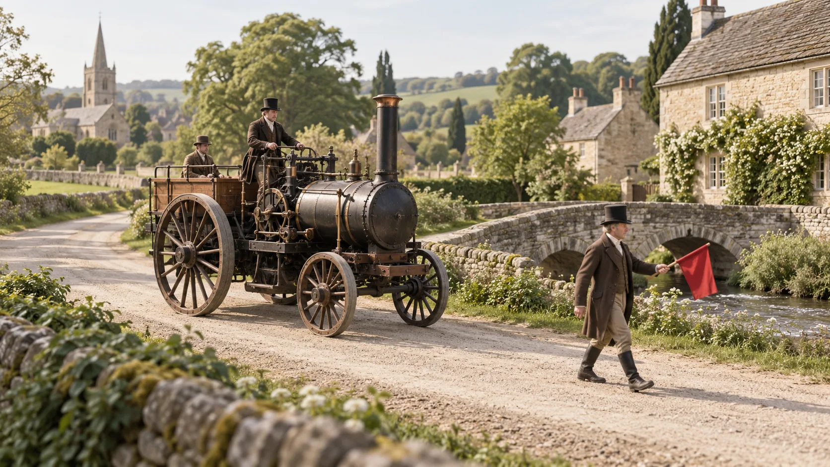 A conceptual historical scene of a steam road vehicle following a man carrying a red flag.