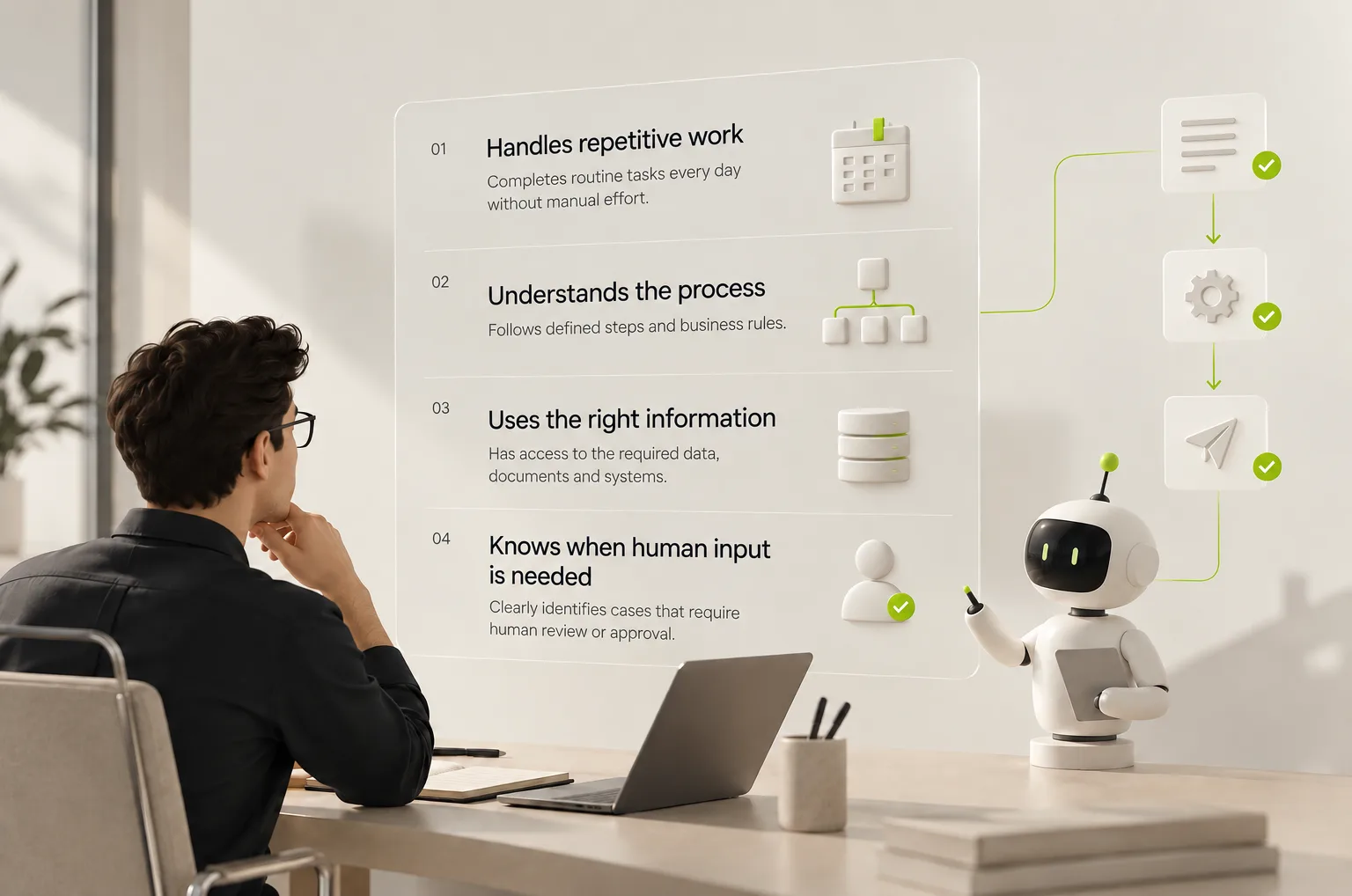 A person at a desk reading four criteria on a glass panel, while a small robot points to a checked workflow beside it.