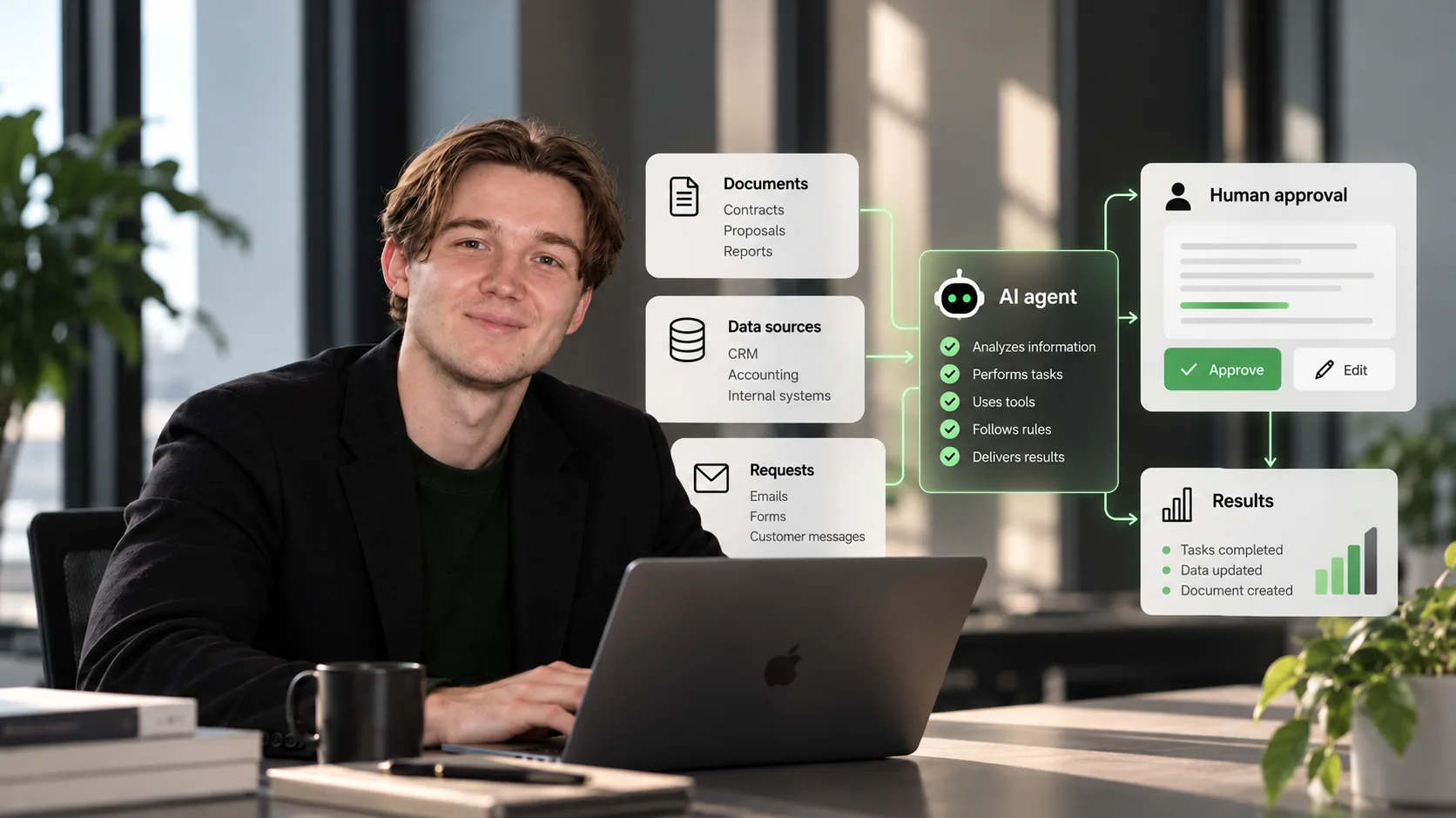 Matas Beniušis at a laptop. Beside him, a diagram: documents, data sources and requests flow into an AI agent, and a person approves its work before the results.