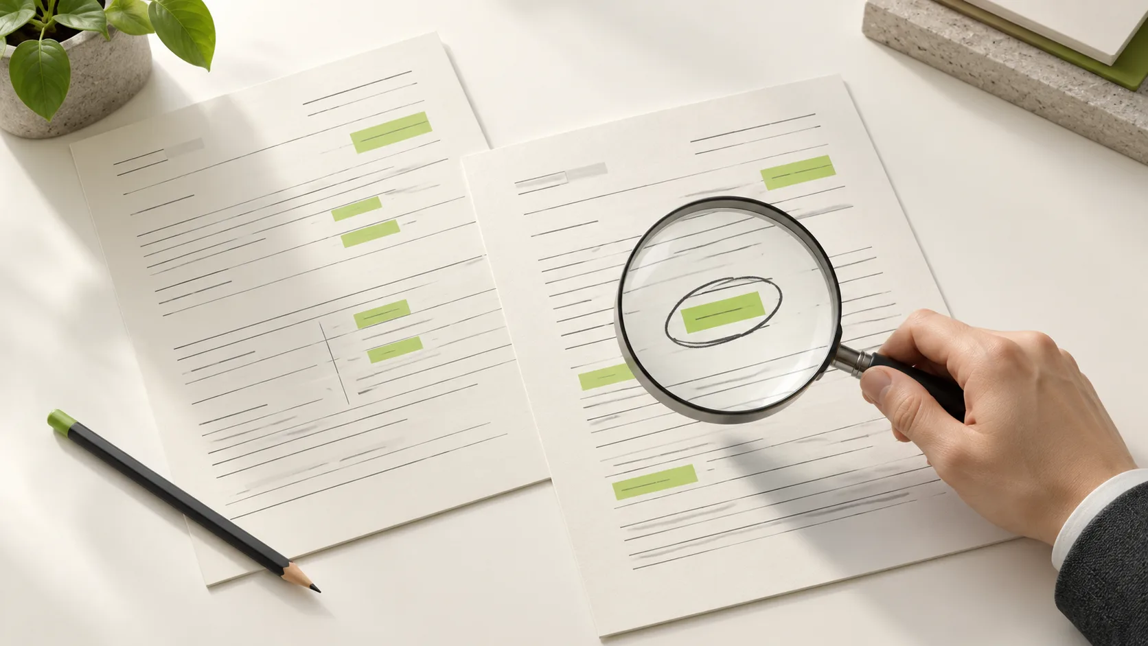 A hand holds a magnifying glass over a marked field while comparing two business documents.