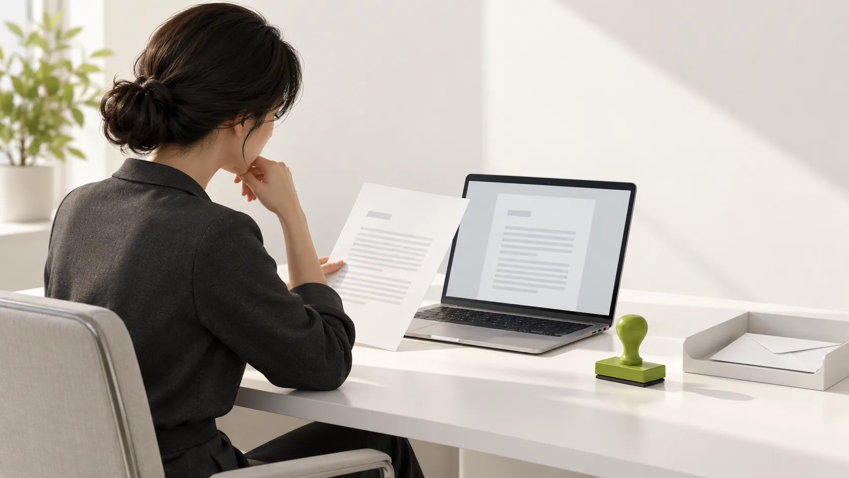 A person compares a paper document with a draft on a laptop; an approval stamp rests beside an outgoing tray.