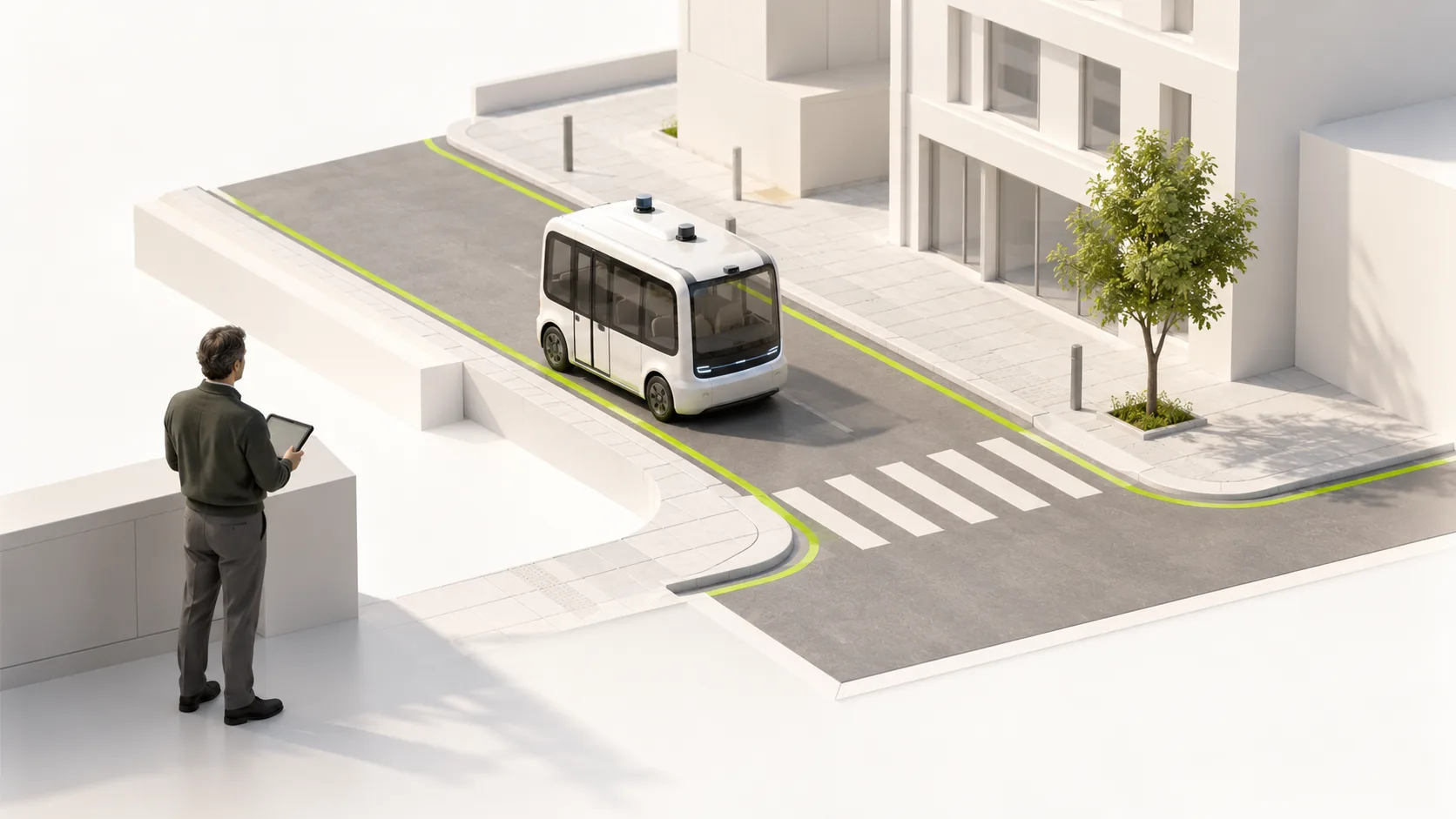 An unbranded autonomous shuttle follows a green-marked route through a small urban model while a supervisor observes.