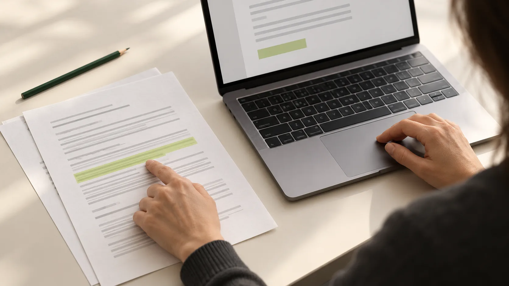 A person pauses to compare a draft on a laptop with a highlighted passage in a paper document.