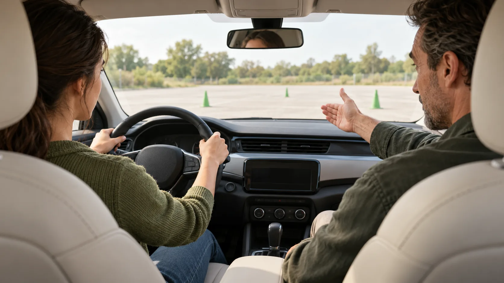 A learner in the driver's seat holds the steering wheel while an instructor gestures towards an empty practice area.